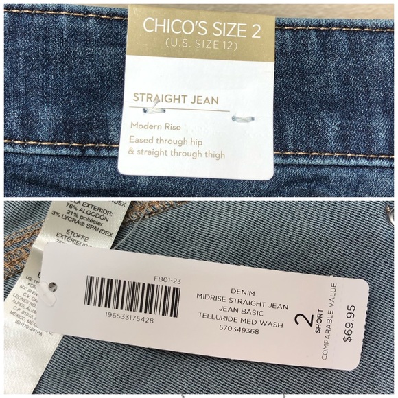 Chico’s Cotton Blend Midrise Straight-Leg Dark Blue Jeans 2 Short (12) - Picture 9 of 16